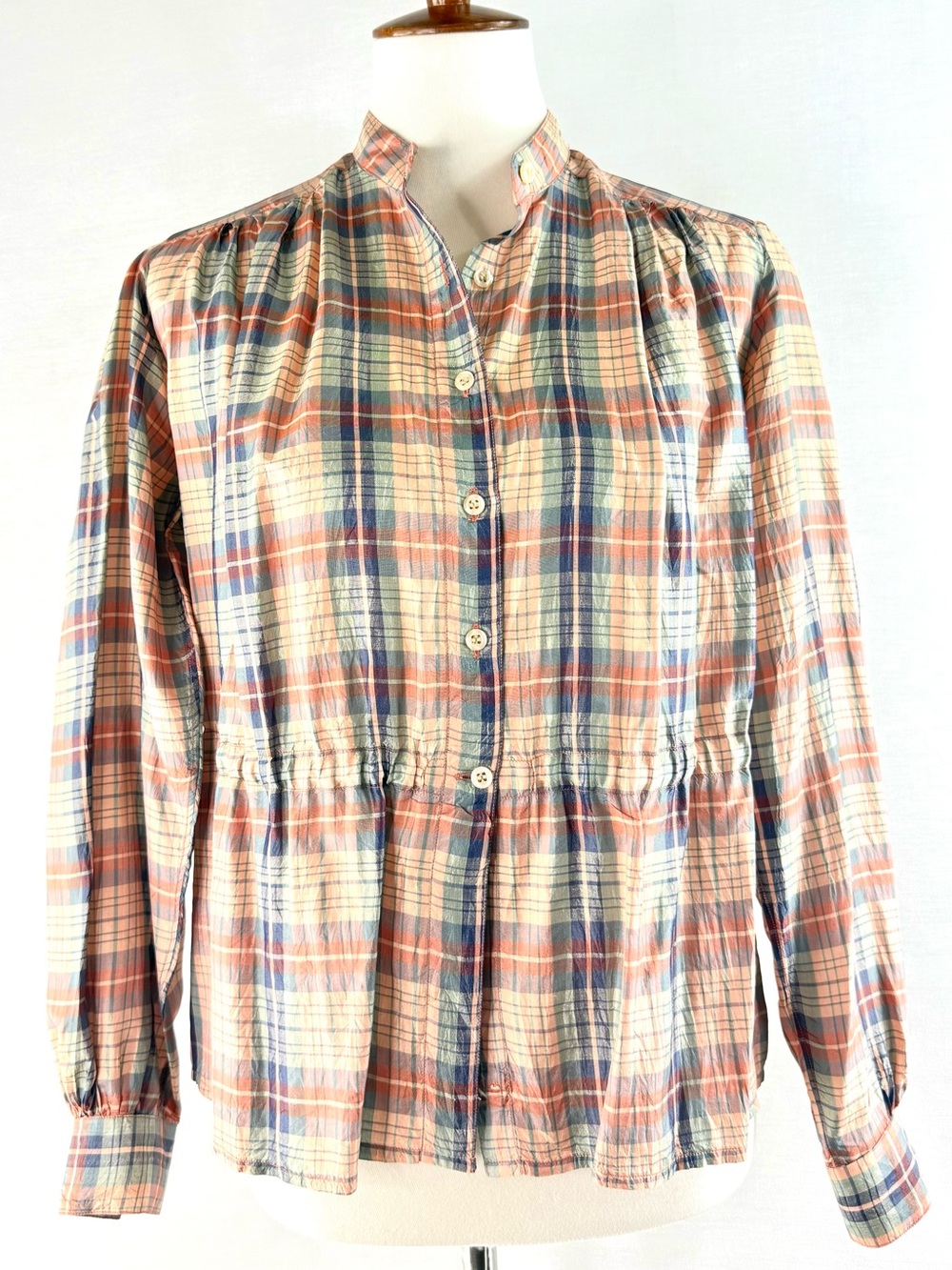 KENAR 80s Vintage Silk Plaid Button-Front Peasant Blouse in Peach and Navy